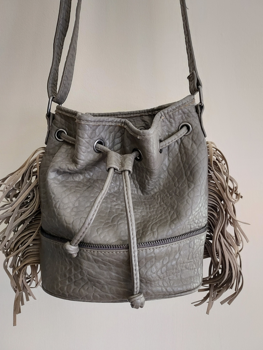 Forever 21 Gray Fringe Drawstring Crossbody Bucket Bag